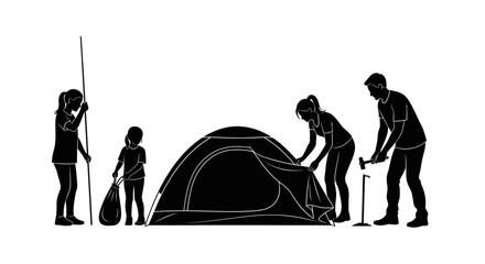 Family camping scene with a tent people and outdoor equipment silhouette © Monjurul