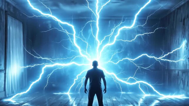 Man standing in dark room with electric lightning bolts emanating from his head. Conceptual visualization of mental energy and brain power. Lockdown wide shot.