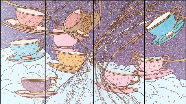 surreal tea party with teacups floating in clouds