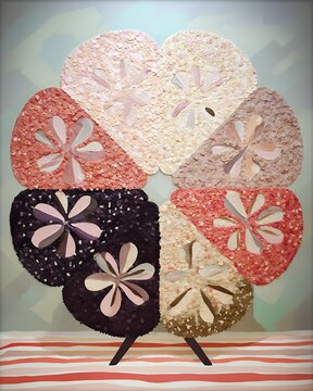 abstract arrangement of colorful shells in a circular pattern