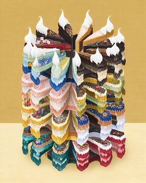 a whimsical tower of various cake slices