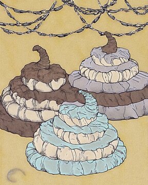 three layered cakes in pastel colors