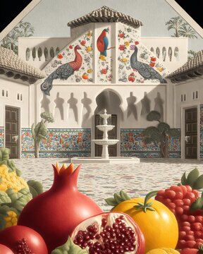 courtyard with peacock murals and fruit