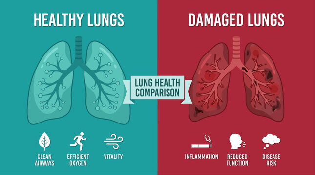 Comparison of healthy lungs versus damaged lungs with icons representing lung function and adverse effects