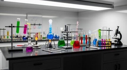 Naklejka premium Modern Chemistry Laboratory with Colorful Liquids in Glassware and Scientific Equipment