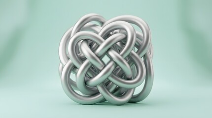 Fototapeta premium A complex interwoven metal sculpture sits on a plain mint green background, showcasing intricate design and modern artistry.