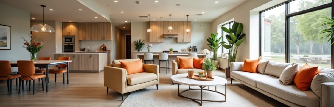 Modern open plan living space with kitchen, dining area. Bright room features comfy seating, large windows, plants. Ideal for senior assisted living retirement communities, offering home-like
