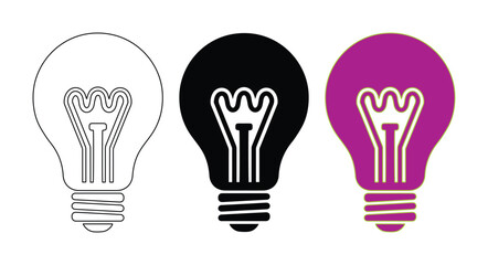 Naklejka premium Minimalist light bulb icon set, creative idea symbols in outline and solid styles, purple and black incandescent lamp vector graphics isolated on White Background