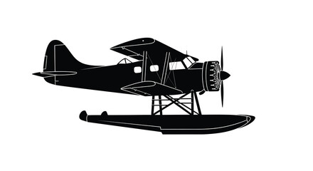A black silhouette of an antique seaplane with floats and a radial engine © Nasima