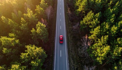Red car traveling on a straight road through a dense green forest