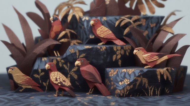 paper palace scene with birds and foliage