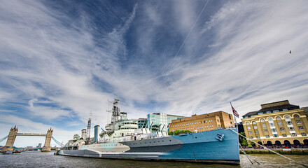 Fototapeta premium HMS Belfast and the Tower Bridge, River Thames, London England
