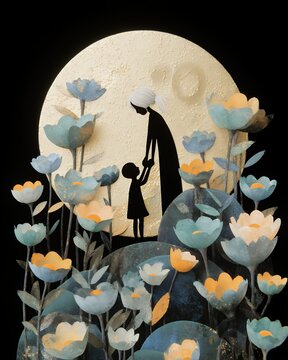 grandmother and child planting moon in garden
