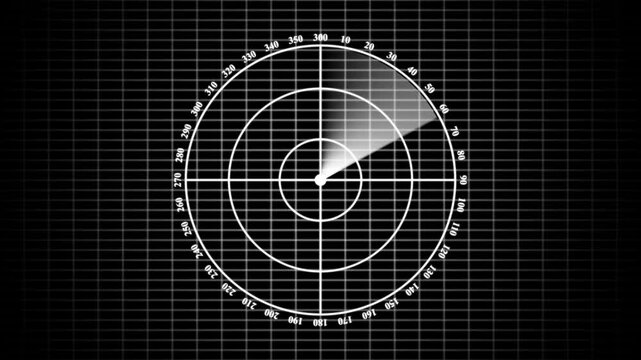Digital radar screen scanning interface with rotating beam and grid background, for military and, technology concepts