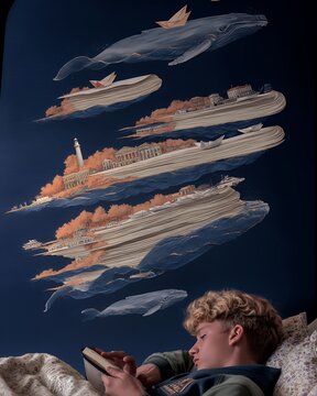 child reads in bed as blanket transforms into whimsical scene