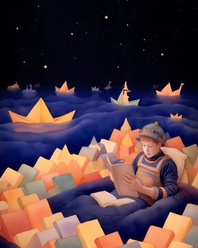 child reading a book in bed with a blanket transforming into a sea