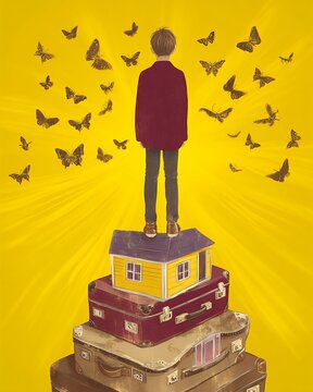 child stands on suitcases with butterflies