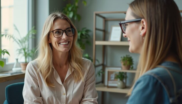 Speech therapist smiles at patient during session. Woman listens attentively, working on clear speech sounds and articulation. Pro help for communication development in office setting.