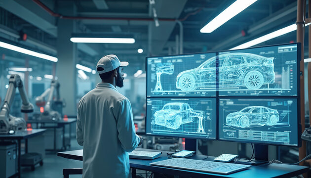 Engineer reviews digital car blueprints on multiple screens. Robotic arms visible in background of modern factory. Futuristic auto industry concept.