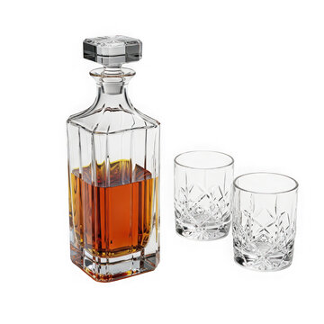 A decanter with whiskey and two glasses