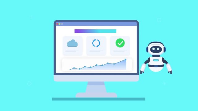 Friendly robot assistant interacting with automated dashboard featuring cloud loading, processing state, analytics charts, and progress indicators in smooth animation, representing active workflow and