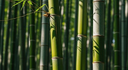 Obraz premium Sunlit Bamboo Forest with Tall Green Stalks and Dappled Light Creating Natural Pattern.. Tranquil Nature Background