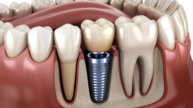 Dental teeth implant. Placement of a titanium implant into the jawbone to replace a missing tooth. Implant fixture, abutment, dental crown. Oral surgery, veneers, dentistry, oral prosthesis medical 3D