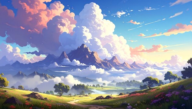 A vibrant, idyllic vista featuring a sunny landscape with rolling hills, distant mountains, and billowing, colorful clouds