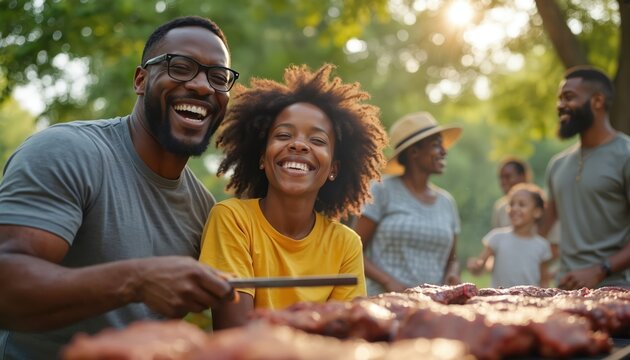 Black father and daughter laugh at outdoor BBQ. Family enjoys food cooking on grill. Friends gather celebrating summer holiday joyfully, sharing moments together.