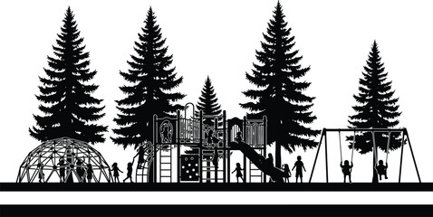 Obraz premium Playground, park, children, silhouette, forest, trees, kids, playing, outdoor, recreation, swing, slide, activity, nature, lifestyle