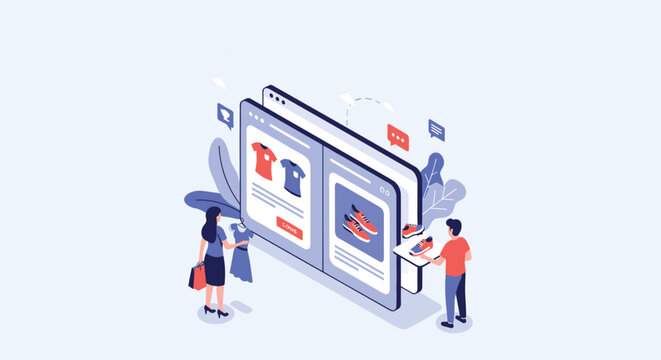Online shoppers interact with e-commerce platform displaying clothing and footwear options on a large digital screen interface.