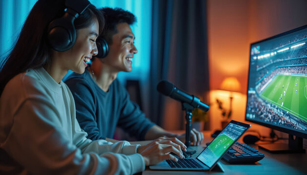 Young Asian couple wears headphones, watches football game on laptop, large monitor, smiles, talks into microphone, streaming live score updates from small home studio at night, sharing excitement.