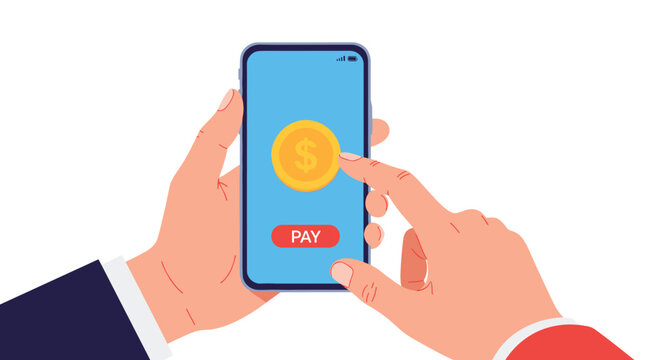 Person makes a mobile payment on a smartphone using a dollar coin icon and pay button for fintech transaction concept.