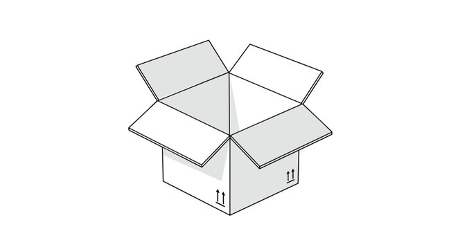 Open cardboard shipping box shown from a slightly tilted isometric view with packing tape marks on a plain white background.
