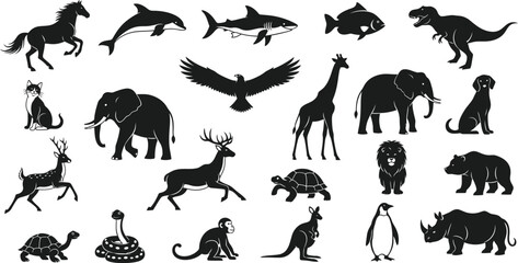Fototapeta premium Diverse collection of black and white silhouette animals from various habitats Vector