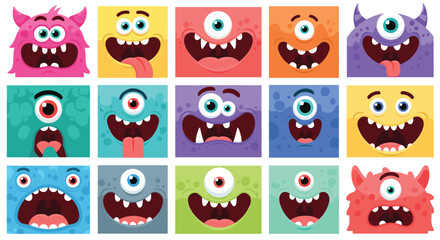 Fototapeta premium Grid of colorful cartoon monster faces with diverse eyes, teeth, and funny expressions for kids character design and stickers.