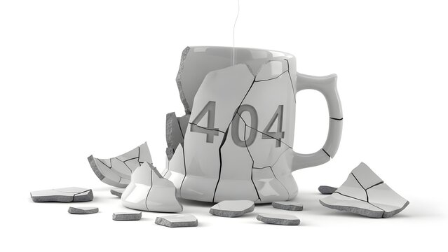 Broken coffee mug with the number 404 displayed on it, symbolizing a missing page or error