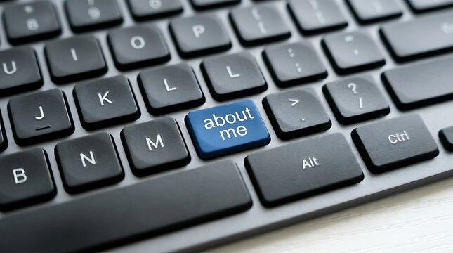 Close up of keyboard with about me key highlighted for personal profile and digital identity concepts