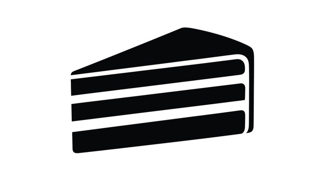 A simple black silhouette of a single slice of layered cake
