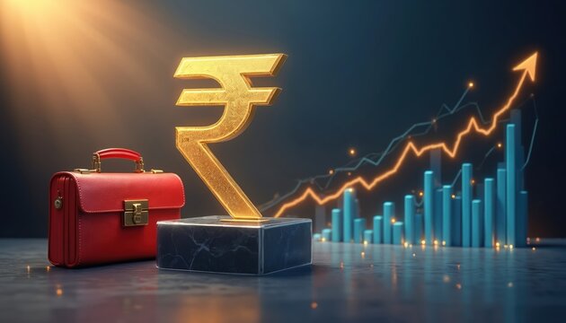 Golden rupee symbol stands on dark platform next to red briefcase. Growing financial chart and bars graph ascend in background. Business and investment concept with rising trend.