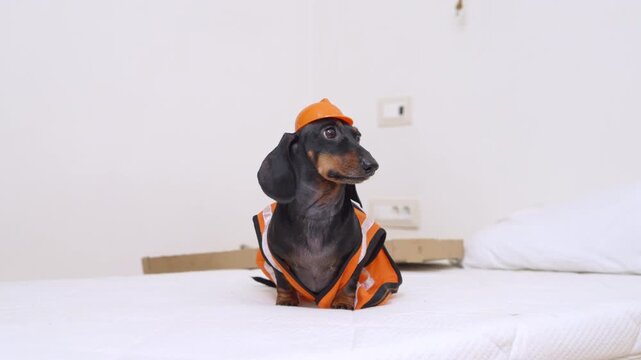 Dachshund dog in orange reflective vest and orange hard hat sitting on white surface indoors, funny construction worker breed concept, humorous pet lifestyle, creative scene.