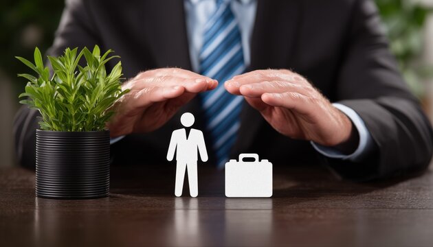 person in a dark suit and blue striped tie has their hands held open and flat, palms down, above two white symbolic cutouts Generative AI