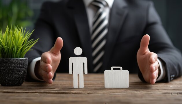a medium shot features a person in a dark suit with a striped tie, sitting at a wooden desk with their hands raised over two white cutout figures. on the left is a human silhouette Generative AI