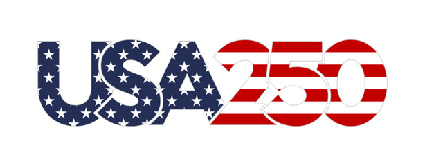USA 250th independence day anniversary vector typography with American flag stars and stripes pattern. Patriotic design for the United States Semiquincentennial celebration in 2026. © angelmaxmixam