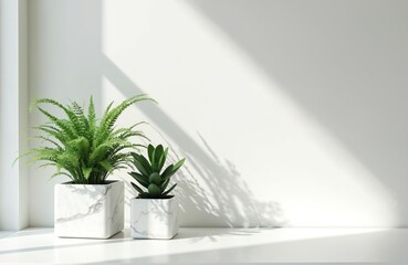 Fototapeta premium Two potted green plants sit on a white table by a wall. Sunlight casts shadows across the bright, clean space. Perfect for home decor or wellness content.
