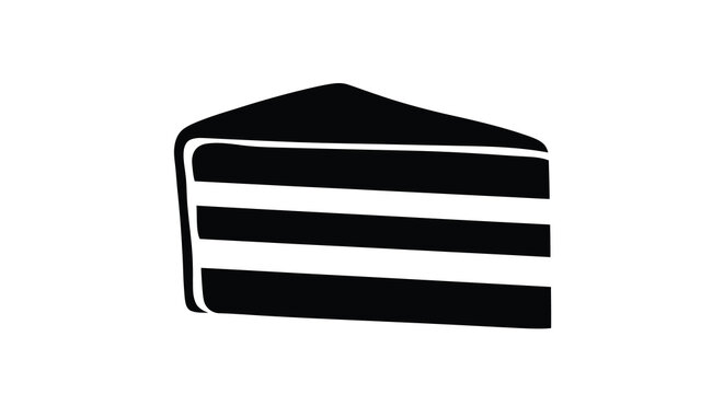 A simple black and white illustration of a single slice of layered cake