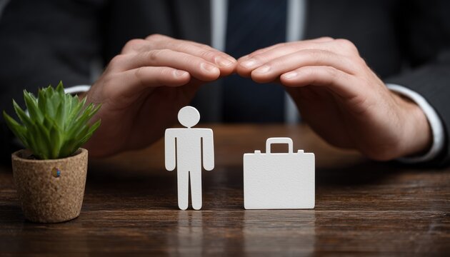 a close up shows a pair of hands, belonging to a person in a suit, positioned protectively above two white paper cutouts on a polished dark wooden surface Generative AI