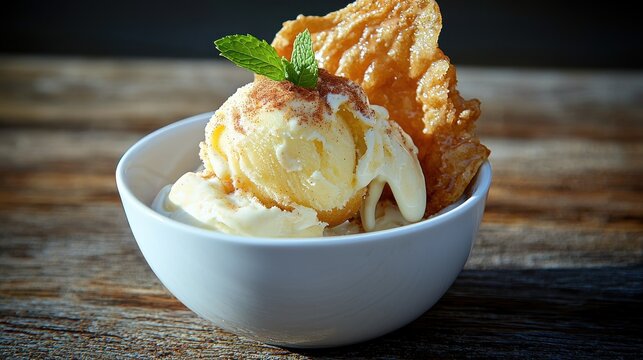 Gourmet fried ice cream dessert with crispy golden tortilla shell and vanilla ice cream topped with cinnamon and fresh mint in white ceramic bowl