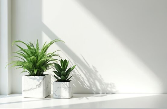 Two potted green plants sit on a white table by a wall. Sunlight casts shadows across the bright, clean space. Perfect for home decor or wellness content.