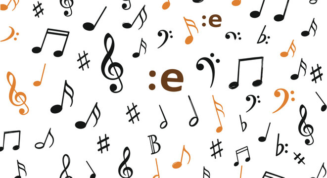 Seamless background pattern featuring black and golden musical notes, clefs, and symbols on a white field for artistic music design.